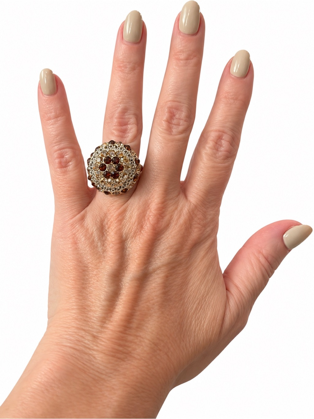 Vintage Statement Rhinestone Cocktail Ring – Amber & Champagne – Adjustable